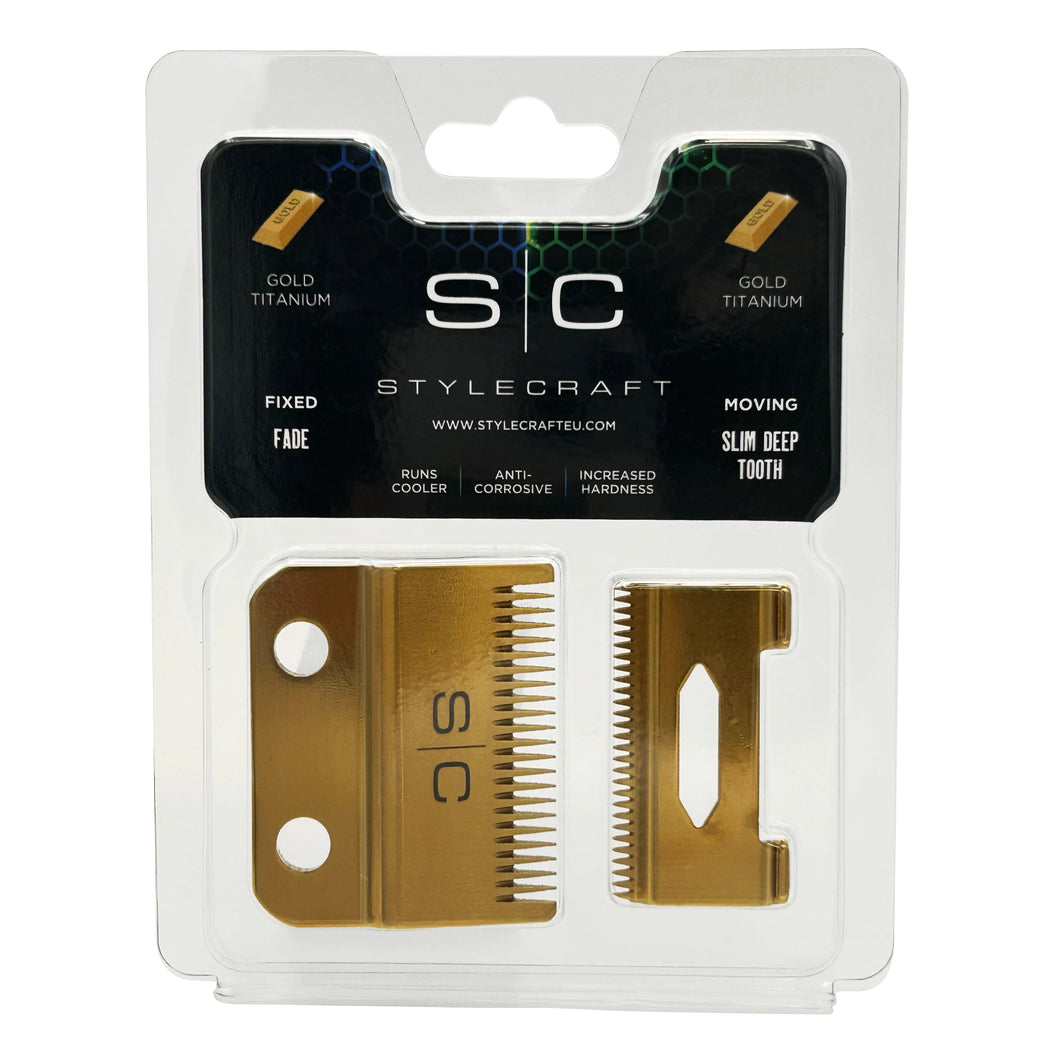 StyleCraft Clipper Blade Set - Gold Fixed Fade Blade with Slim Deep Tooth Cutter