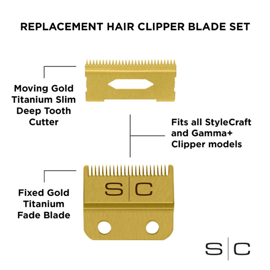 StyleCraft Clipper Blade Set - Gold Fixed Fade Blade with Slim Deep Tooth Cutter