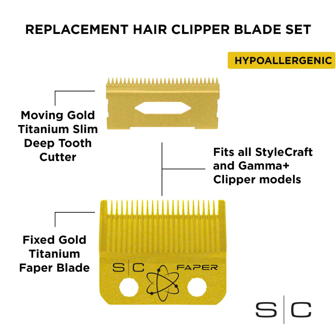 StyleCraft Clipper Blade Set - Gold Fixed Faper Blade with Slim Deep Tooth Cutter